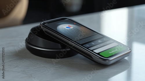 Contactless mobile payment at a terminal, with a phone tapping the device photo