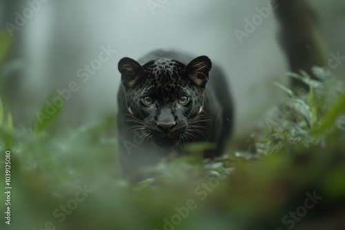 Panther elegance: An elegant depiction of a black panther, highlighting its striking dark coat and dynamic posture, reflecting the beauty and strength of this elusive and revered animal. photo