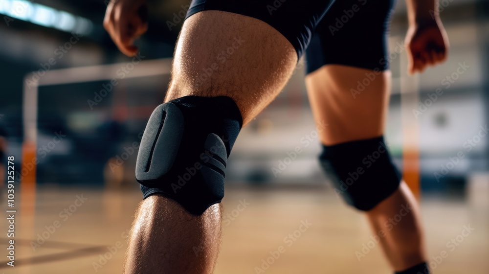 A volleyball player's knee pads with protective padding, indoor setting on a volleyball court, Protective style A volleyball player's knee pads with protective padding, indoor setting on a volleyball court, Protective style