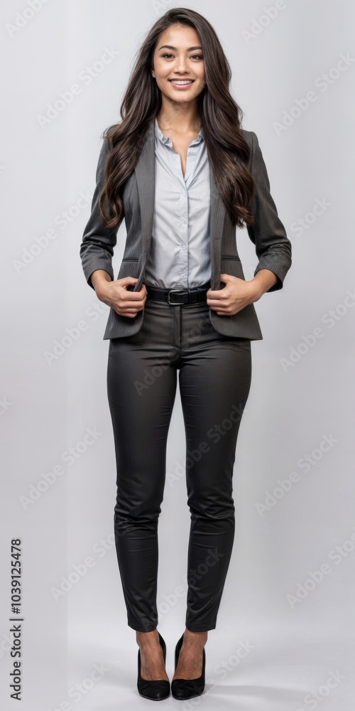 Full-body portrait of a smiling businesswoman standing confidently in a gray business suit, exuding professionalism and leadership... Full-body portrait of a smiling businesswoman standing confidently in a gray business suit, exuding professionalism and leadership...