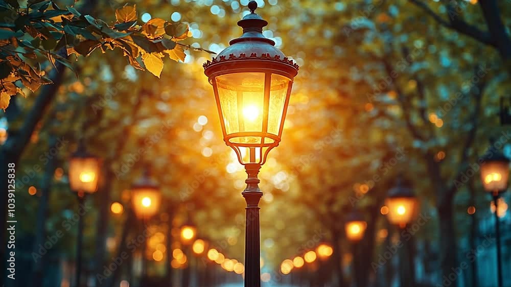 A glowing street lamp illuminates a serene pathway lined with trees and soft bokeh lights footage A glowing street lamp illuminates a serene pathway lined with trees and soft bokeh lights footage