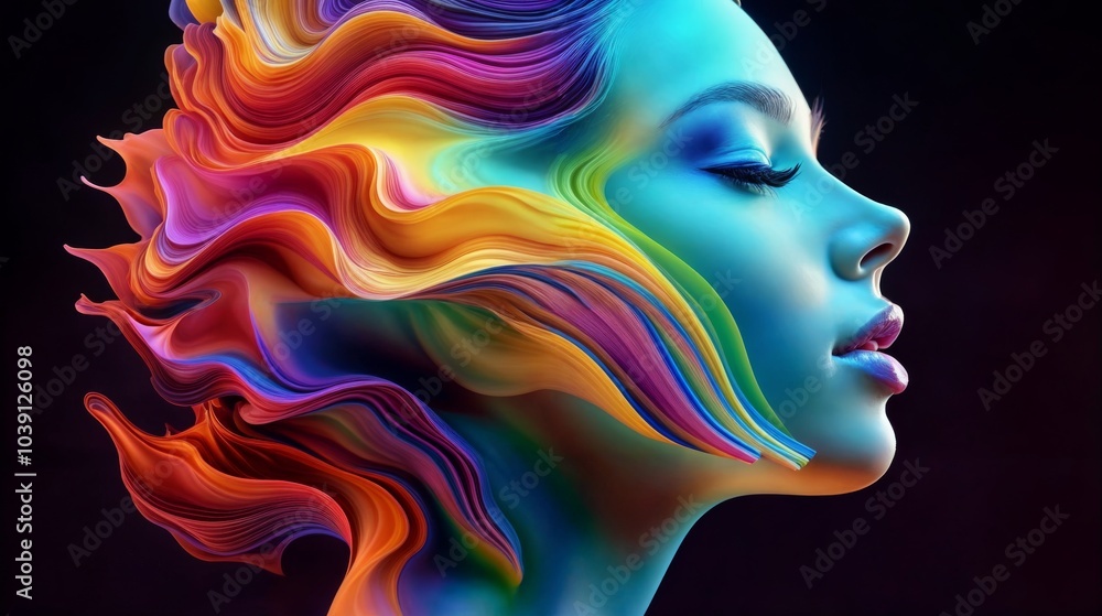 Vibrant abstract profile of a woman's face, blending rainbow colors with flowing lines, symbolizing creativity and imagination.. Vibrant abstract profile of a woman's face, blending rainbow colors with flowing lines, symbolizing creativity and imagination..
