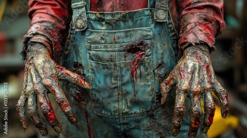 A close-up of gruesome, bloodied hands in overalls. photo