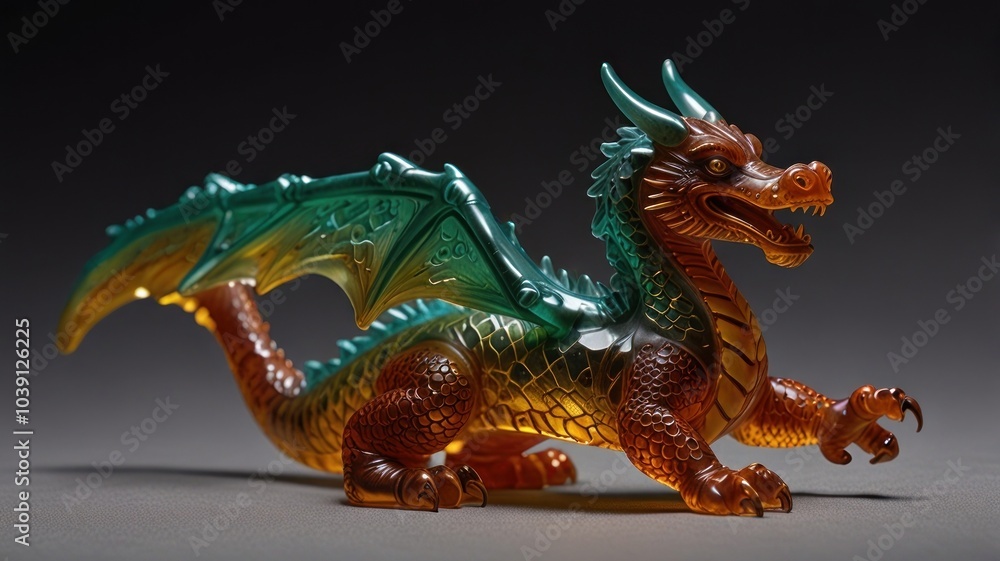 A green and orange dragon figurine with wings and a long tail, set against a grey backdrop. A green and orange dragon figurine with wings and a long tail, set against a grey backdrop.