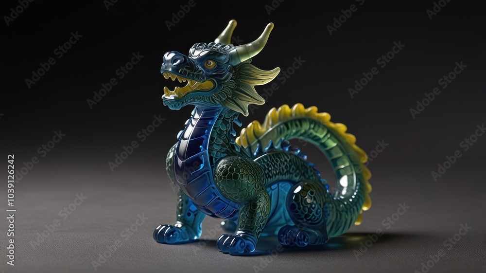 Blue and green glass dragon figurine on a gray background. Blue and green glass dragon figurine on a gray background.