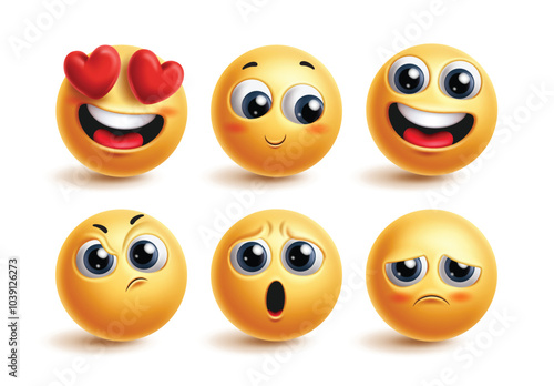Emoji emoticon cute characters vector set. Emoticons face in in love, blushing, happy, confused, disappointed and anxious facial expression for 3d icon yellow collection. Vector illustration emojis