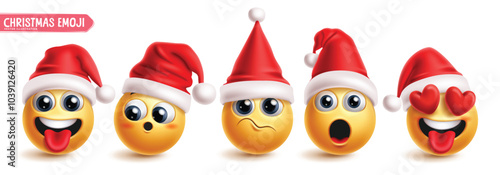 Christmas emoji santa claus character vector set. Christmas santa claus emojis and emoticon with red hat, shock, happy, funny and in love for xmas holiday season characters. Vector illustration santa