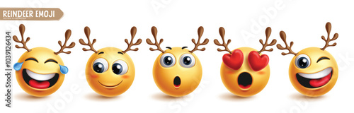 Reindeer emoji character vector set. Emoticon reindeer 3d character in happy, funny, in love and winking facial expression with cervid horn icon xmas collection. Vector illustration deer emojis set. 
