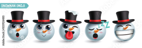 Snowman emoji character vector set. Emoticon snow man 3d character in happy, naughty, sleepy, winking and funny facial expression wearing hat elements. Vector illustration snowman emojis collection. 
