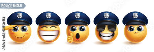 Police emoji character vector set. Emoticon 3d professional characters like police man, guard, sheriff, law enforcer and security wearing cop hat elements. Vector illustration police office emojis 