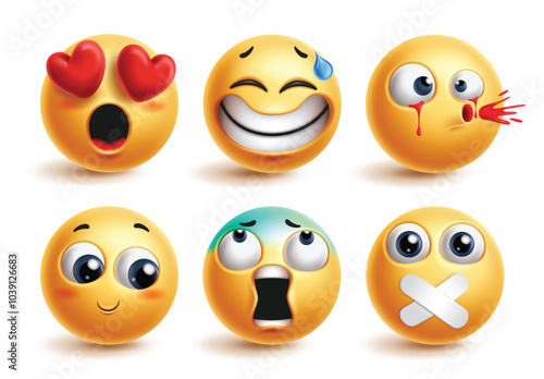 Emoji in love emoticon characters vector set. Emoticons 3d cute character in in love, excited, offended, shy, screaming and silent facial expression of yellow icon collection. Vector illustration cute