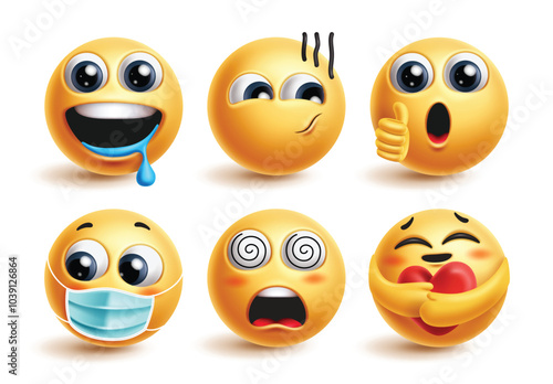 Emoji characters face vector set. Emojis emoticon yellow character in hungry, approved, sick, dizzy and caring facial expression graphic elements. Vector illustration emoticons 3d icon collection.
