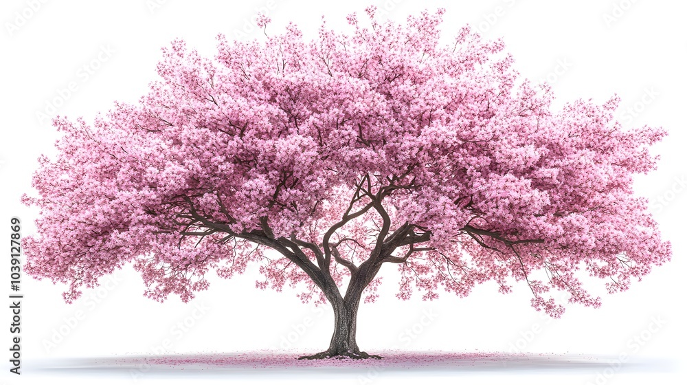 Obraz premium Beautiful cherry tree in full bloom, delicate pink and white flowers covering its branches, set against a pristine white background, radiating spring serenity