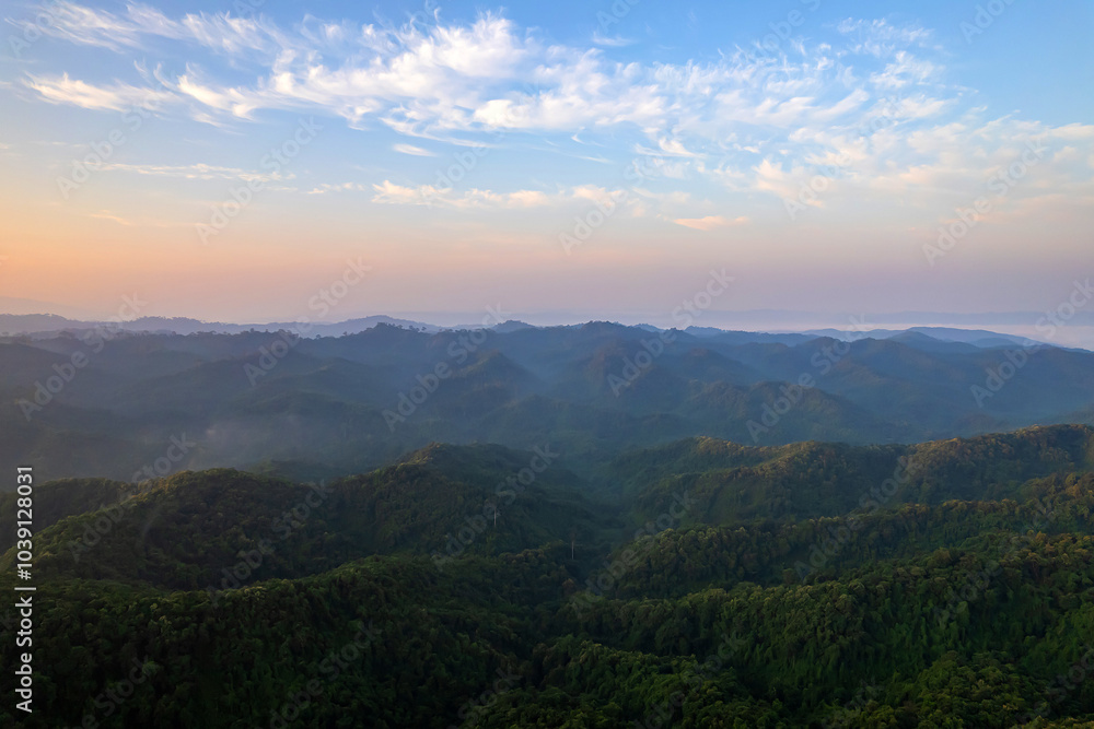 Naklejka premium Beautiful aerial view of green forest and nature rainy season.