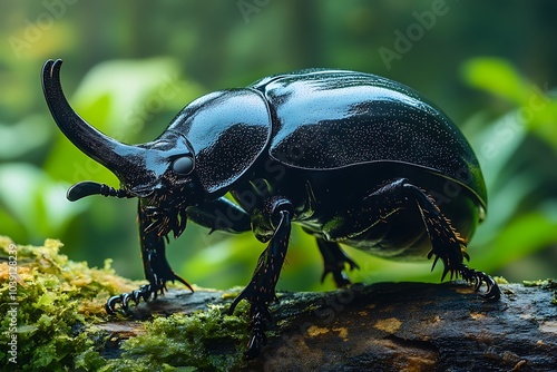 A black rhinoceros beetle with a long horn perches on a mossy log in a lush green jungle. photo