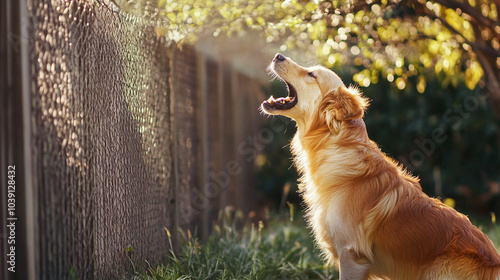 A photo of a dog barking at an intruder outside a fenced yard.