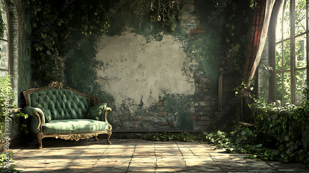 Obraz premium A vintage green velvet sofa sits in a sunlit room with a brick wall and overgrown ivy. The room has a sense of vintage charm with a touch of decay.
