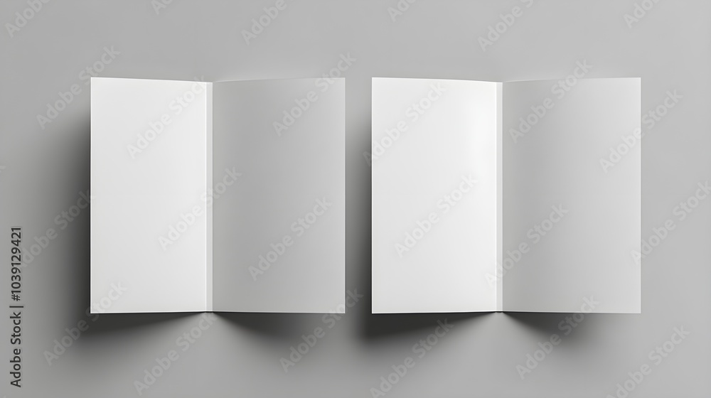 Top view blank white brochures, open and closed layout on neutral grey backdrop, minimalistic presentation for design mockups Top view blank white brochures, open and closed layout on neutral grey backdrop, minimalistic presentation for design mockups