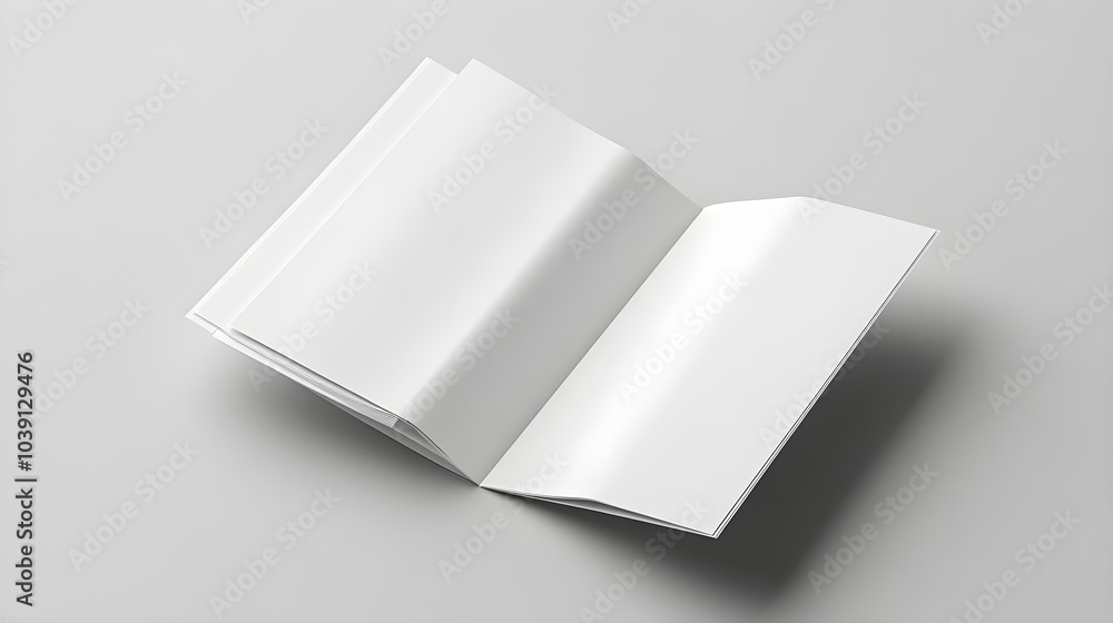 Top view blank white brochures, open and closed layout on neutral grey backdrop, minimalistic presentation for design mockups Top view blank white brochures, open and closed layout on neutral grey backdrop, minimalistic presentation for design mockups