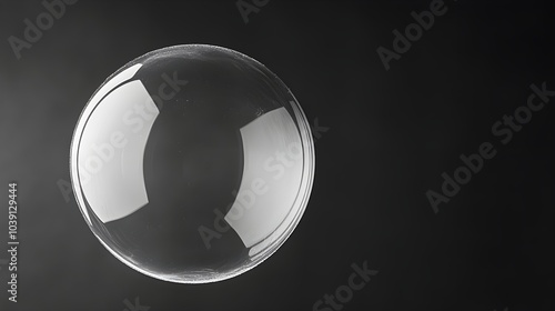 Close-up of a soap bubble with visible reflections of light, hanging in space against a black canvas, emphasizing texture and transparency. Soap bubble, reflections, dark