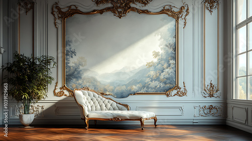 A white chaise lounge with gold accents sits in a room with white walls and ornate gold trim.  A landscape painting hangs above the couch.