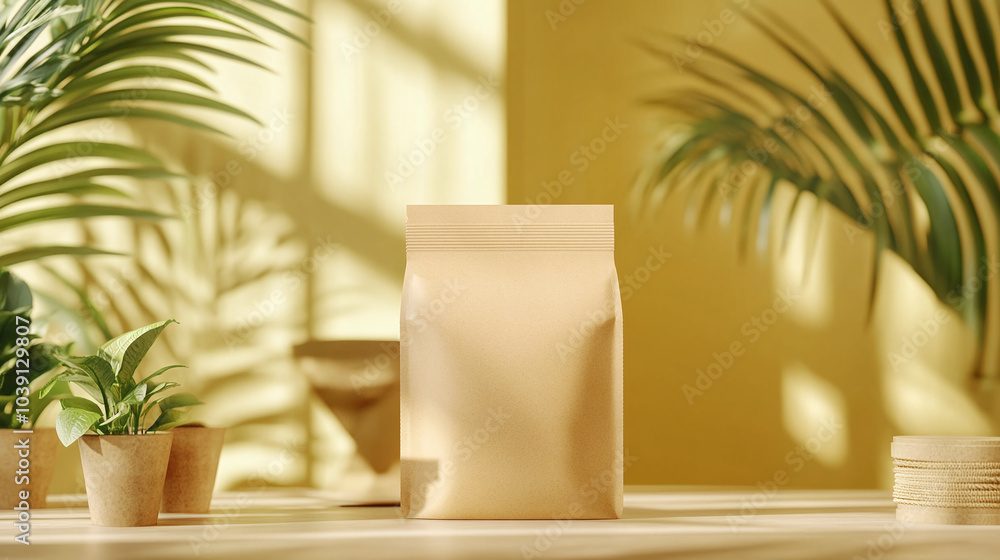 An eco-friendly packaging concept with biodegradable materials displayed in a bright setting An eco-friendly packaging concept with biodegradable materials displayed in a bright setting