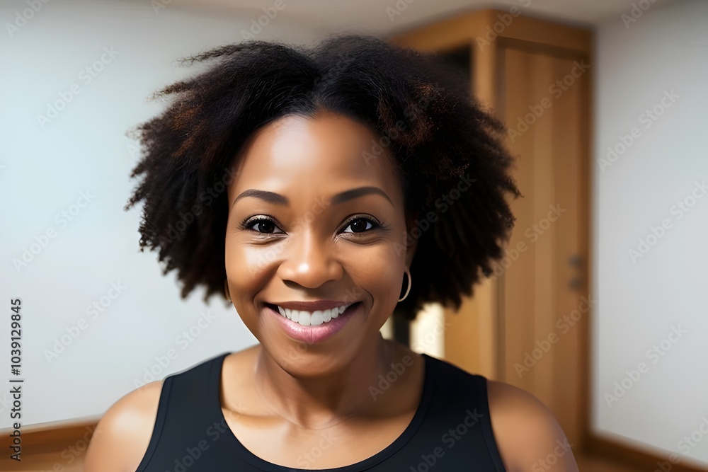 beautiful Happy black woman in a yoga studio. Middle aged. Smile, exercise, fitness, peaceful, healthy, glowing, balance, strength, flexibility, meditation, wellness, mindfulness, energy, positivity beautiful Happy black woman in a yoga studio. Middle aged. Smile, exercise, fitness, peaceful, healthy, glowing, balance, strength, flexibility, meditation, wellness, mindfulness, energy, positivity