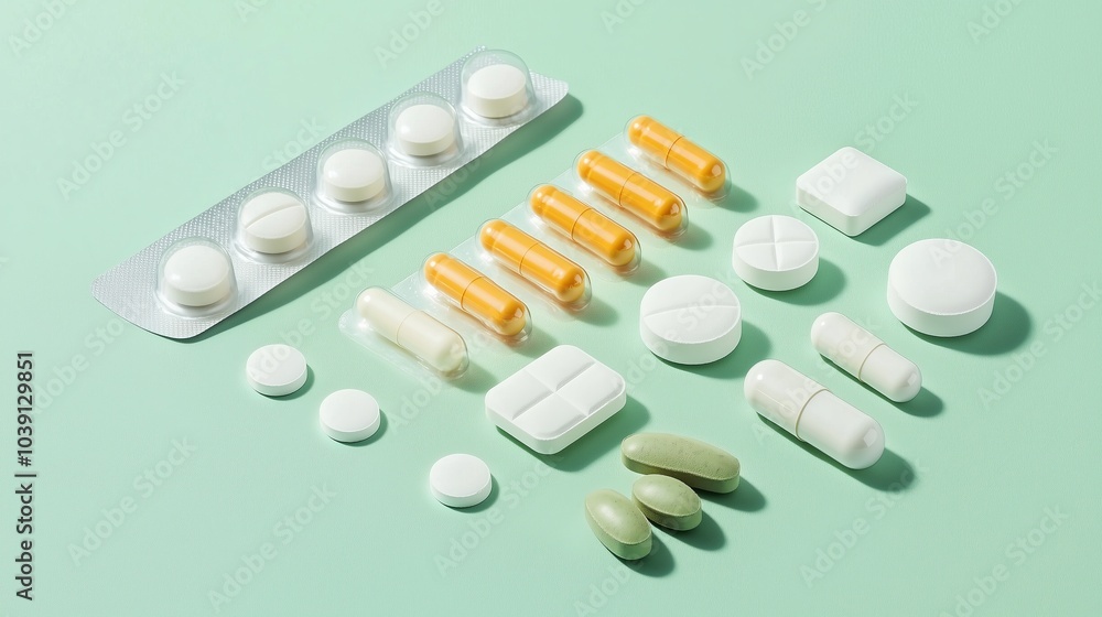 Assorted Pills and Capsules on Green Background Assorted Pills and Capsules on Green Background