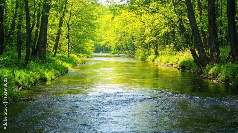 Fototapeta premium Serene River Flowing Through Lush Green Forest