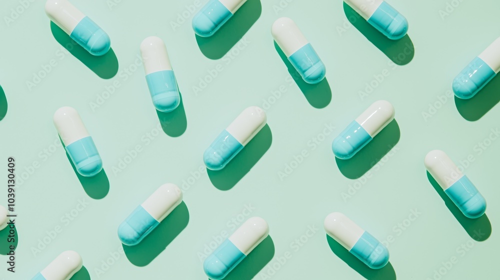 Close-Up of Blue and White Capsules on Mint Background Close-Up of Blue and White Capsules on Mint Background