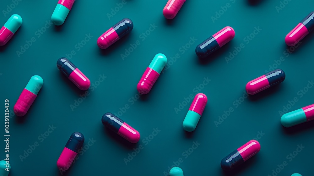 Colorful Medicine Capsules on Vibrant Background Colorful Medicine Capsules on Vibrant Background