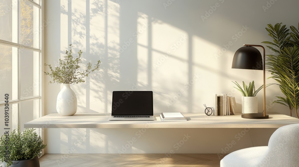 Modern workspace with natural light and minimal decor. Modern workspace with natural light and minimal decor.