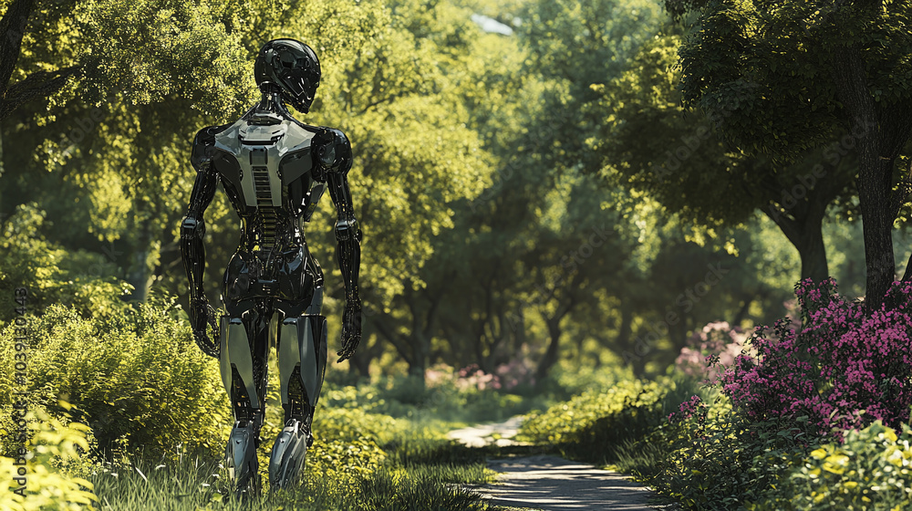 Fototapeta premium Cyborg taking a stroll in a nature reserve