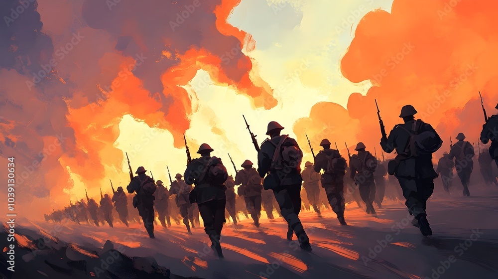 Fototapeta premium Soldiers Advancing Through Fiery Battlefield During Intense Military Combat