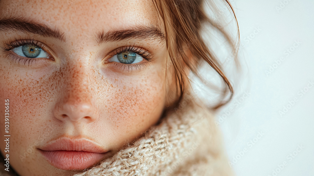 A woman with blue eyes and a red headband A woman with blue eyes and a red headband