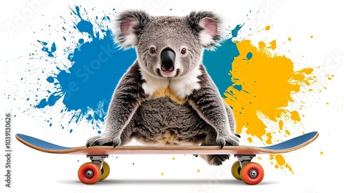 A cute koala bear sitting on a skateboard with a blue and yellow splash in the background. photo