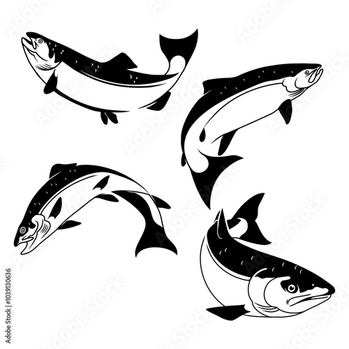 Chinook Salmon logo Pack, Black and Chinook Salmon fish jumping out of the water, Great for your Chinook Salmon fishing activity.