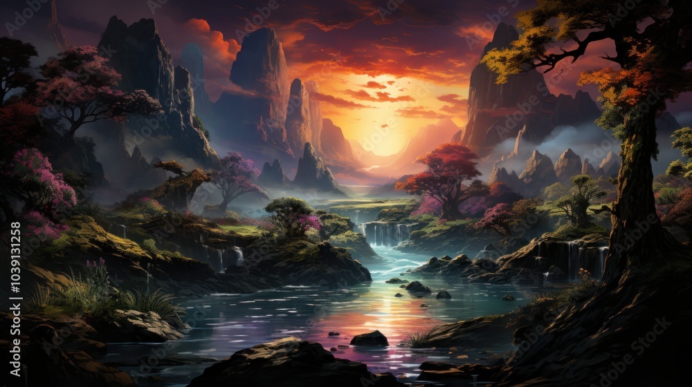 Fototapeta premium Serene Mountain Landscape with Sunset and Waterfall
