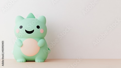 Fototapeta Naklejka Na Ścianę i Meble -  Cute green cartoon dinosaur toy on a wooden table with white background.