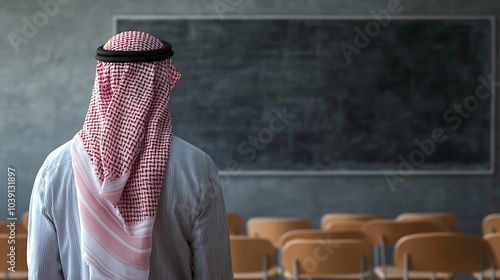 Back View Saudi Student in Classroom, Ready for Learning – Educational Scene with Traditional Attire and Blank Chalkboard