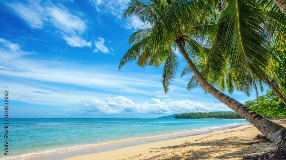 A vibrant tropical beach scene with palm trees and turquoise waters under a clear sky, Tropical beach scene, Exotic and leisurely style A vibrant tropical beach scene with palm trees and turquoise waters under a clear sky, Tropical beach scene, Exotic and leisurely style