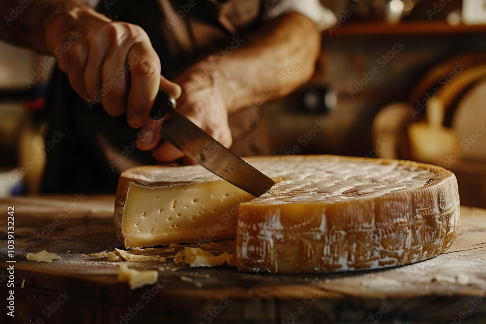 Team of people cutting into a cheese wheel, preparing fresh cheese slices in a gourmet, artisanal setting. Team of people cutting into a cheese wheel, preparing fresh cheese slices in a gourmet, artisanal setting.