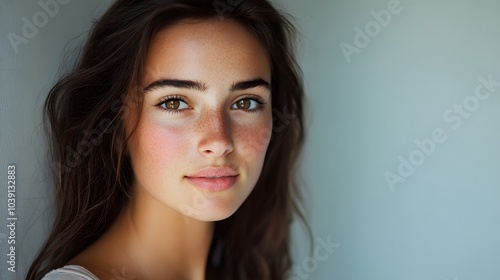 Beautiful young woman look at camera. 