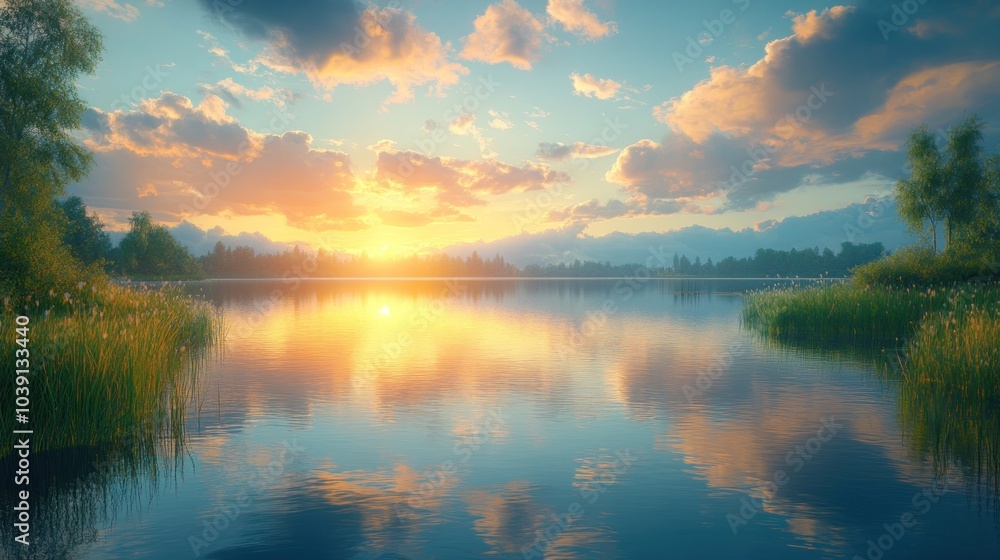 Fototapeta premium Serene lakeside sunset with vibrant reflections and lush greenery.
