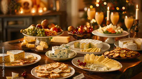 Luxuriously arranged cheese-tasting table with assorted cheeses, crackers, fruits, and tasting notes for an elegant event.