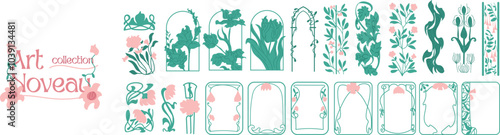 Set of green-themed ornaments in Art Nouveau and Victorian Art Deco styles, hand-drawn with elegance, presented as vector art.