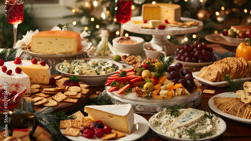 Cheese-tasting event setup featuring a variety of cheeses, crackers, fruits, and detailed tasting notes in a refined setting.