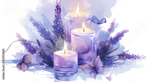 Watercolor lavender candles surrounded by soft greenery