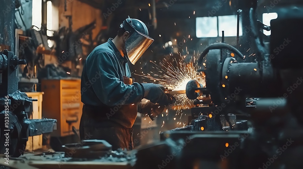 Skilled blacksmith in protective gear working with a grinding machine, creating sparks in a dimly lit workshop filled with heavy equipment and metalworking tools. Skilled blacksmith in protective gear working with a grinding machine, creating sparks in a dimly lit workshop filled with heavy equipment and metalworking tools.