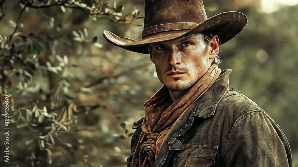 A cowboy stands in a wooded area, looking to the side with a serious expression A cowboy stands in a wooded area, looking to the side with a serious expression